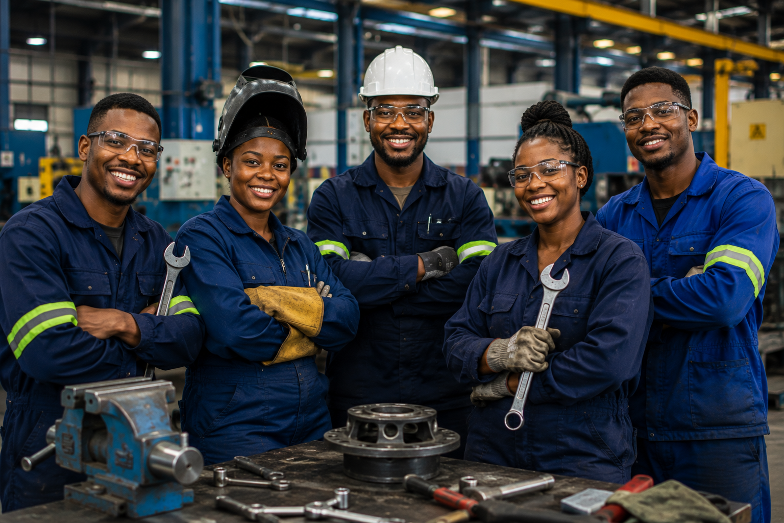 Group of South African artisans in an industrial workshop wearing protective workwear
