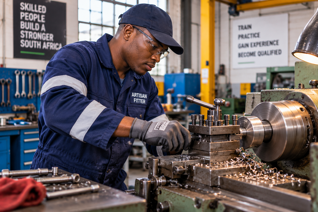 Artisan fitter working on machinery in an industrial workshop.