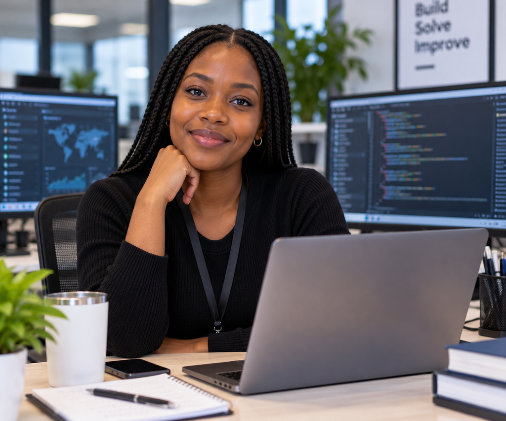 Young African woman working at a computer in a modern technology office